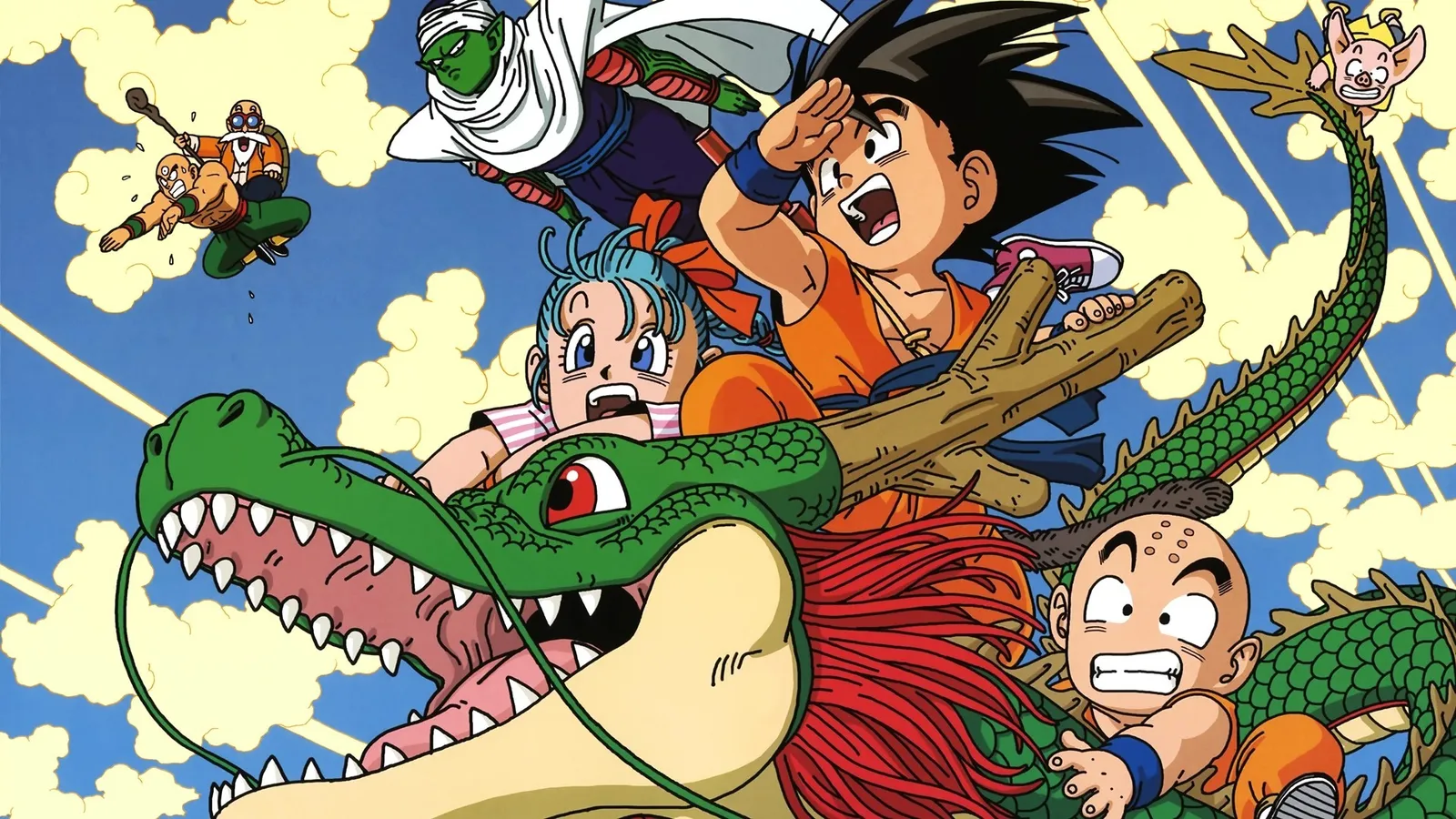 Illustration de Dragon Ball : Goku enfant, Bulma et Krilin chevauchent Shenron, avec Piccolo et Tortue Géniale