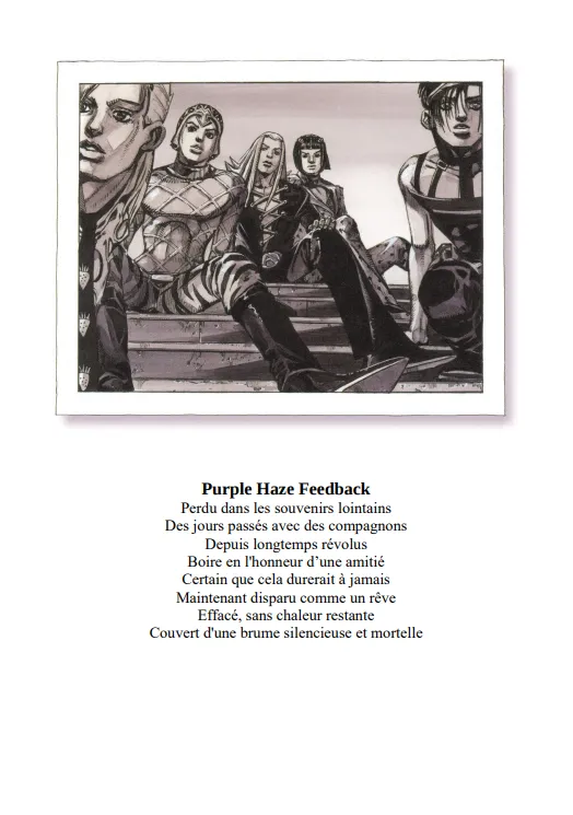 Page du roman&nbsp;: l’équipe de Buccellati assise sur des marches, suivie du poème Purple Haze Feedback