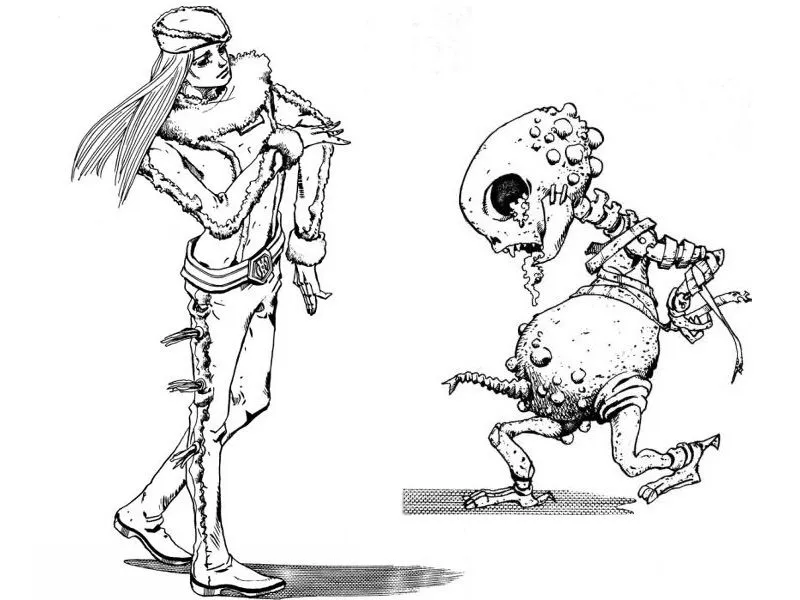 Illustration du roman&nbsp;: Massimo Volpe et son stand Manic Depression, créature squelettique