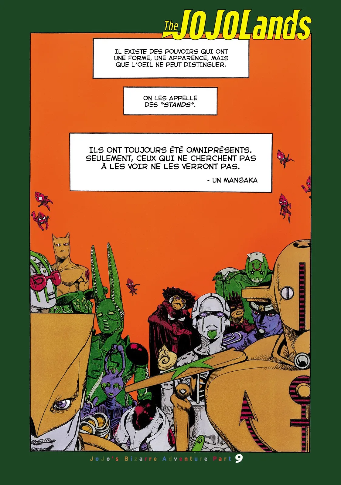 Page d’ouverture de The JOJOLands&nbsp;: texte sur les stands au-dessus d’une foule de stands de la saga