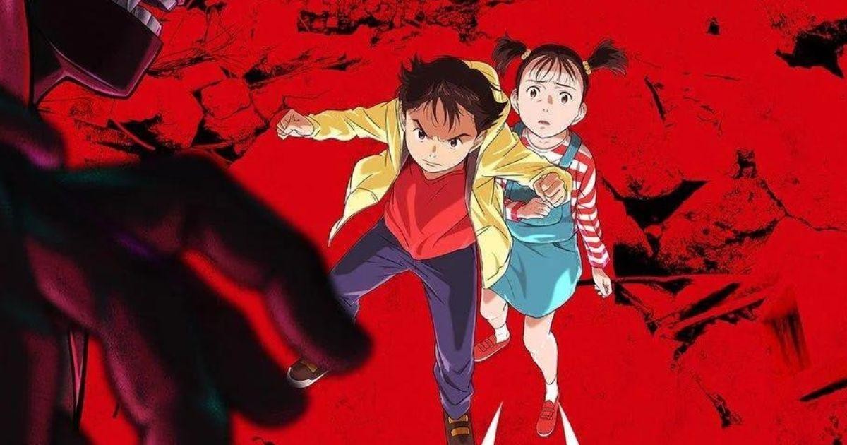 Atom et Uran courant sur un fond rouge, face à une main robotique, sur le visuel de l’anime Pluto
