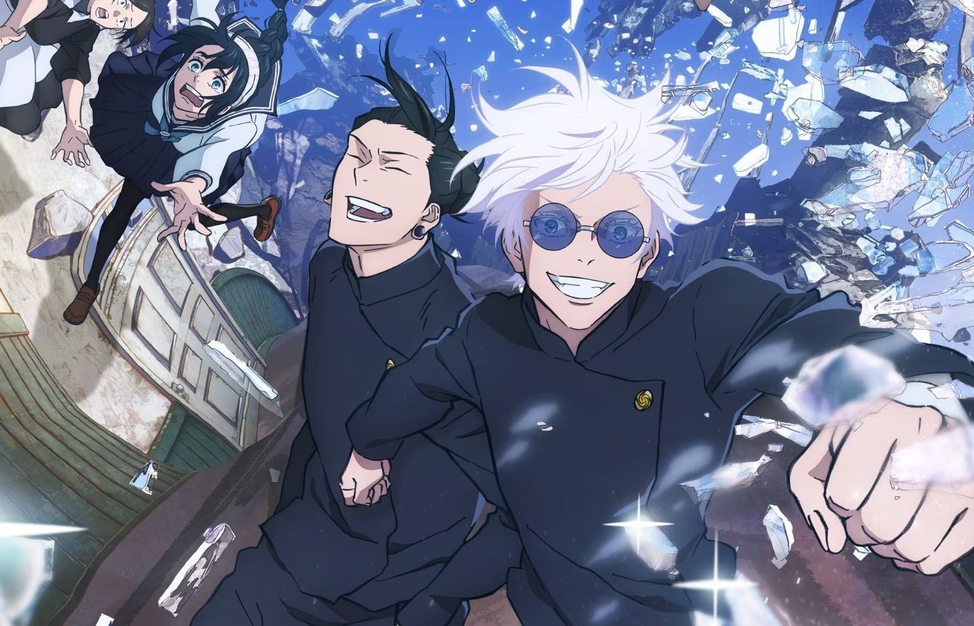Satoru Gojo et Suguru Geto lycéens, souriants, sur le visuel de la saison 2 de Jujutsu Kaisen