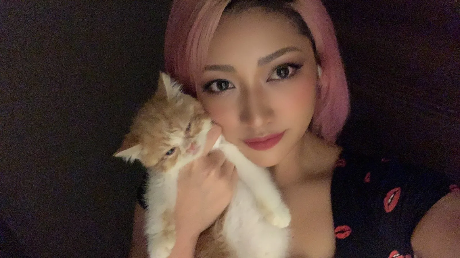 Hana Kimura, cheveux roses, tenant un chaton contre sa joue