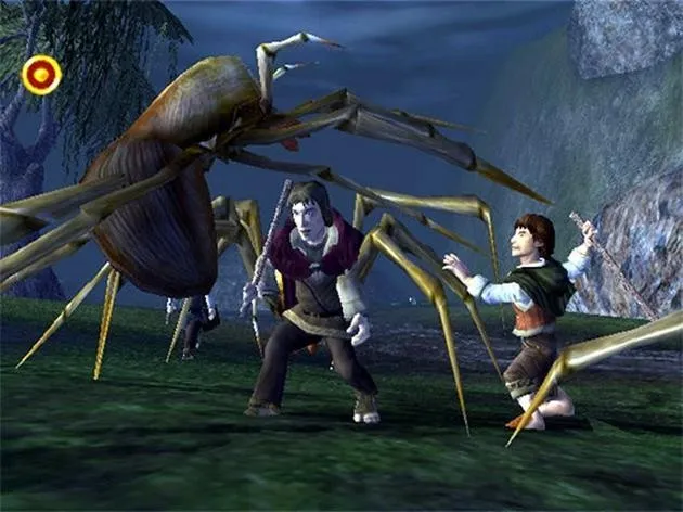Deux hobbits armés de bâtons attaqués par une araignée géante