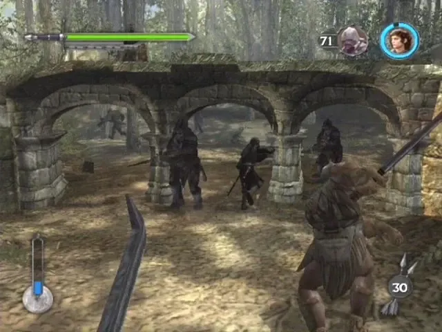 Combat contre des orques sous les arches d’un pont de pierre en forêt, capture des Deux Tours