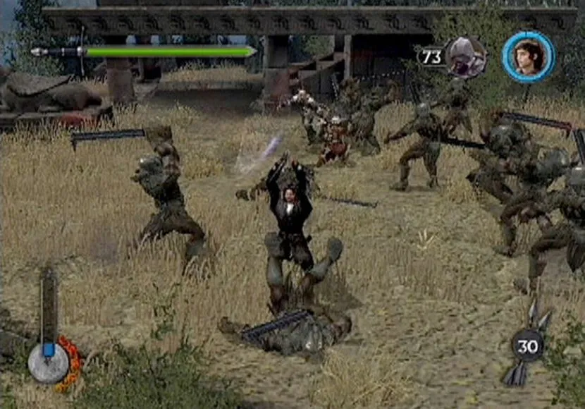 Aragorn encerclé par des orques dans un champ d’herbes sèches, capture des Deux Tours