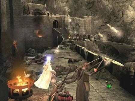 Gandalf le Blanc, Legolas et Gimli combattent sur une rampe de la forteresse