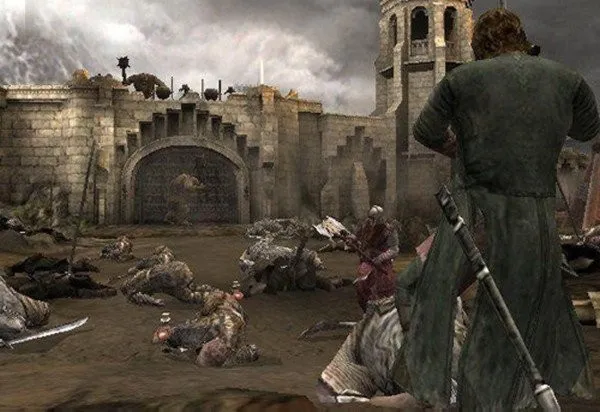 Aragorn devant une porte fortifiée, entouré d’orques à terre, capture du Retour du roi