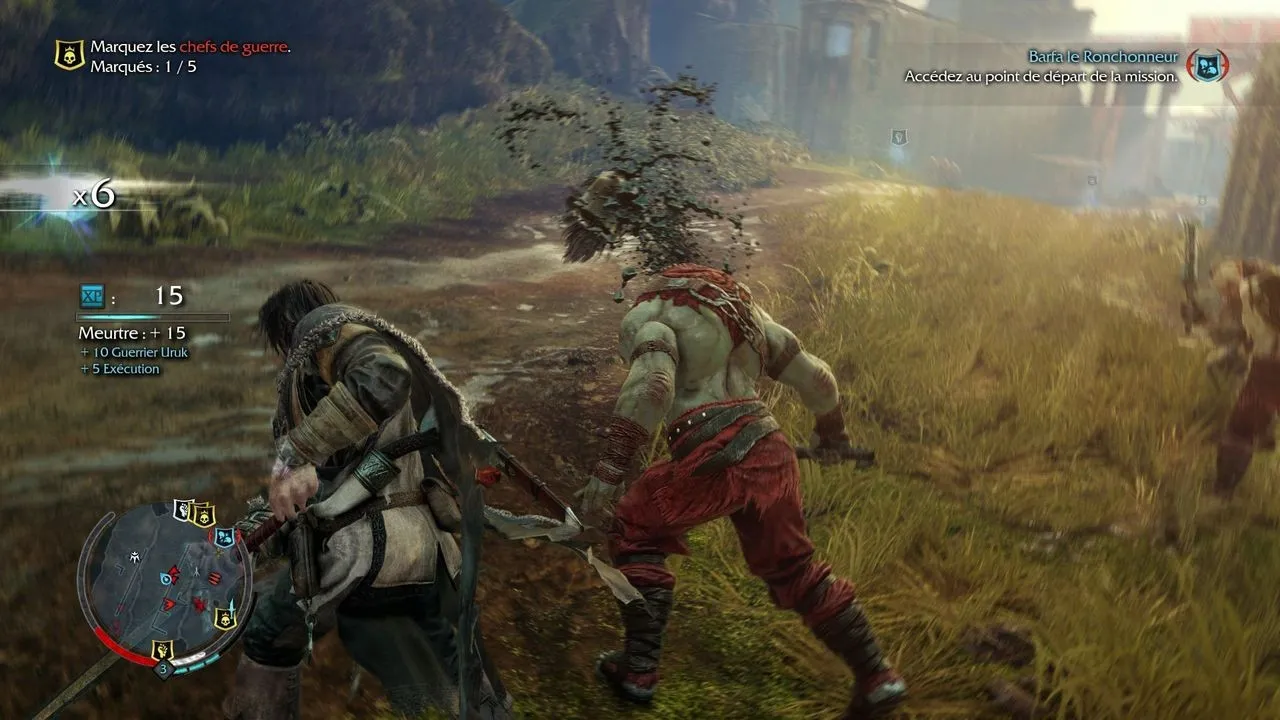 Talion décapite un Uruk d’un coup d’épée, capture de L’Ombre du Mordor