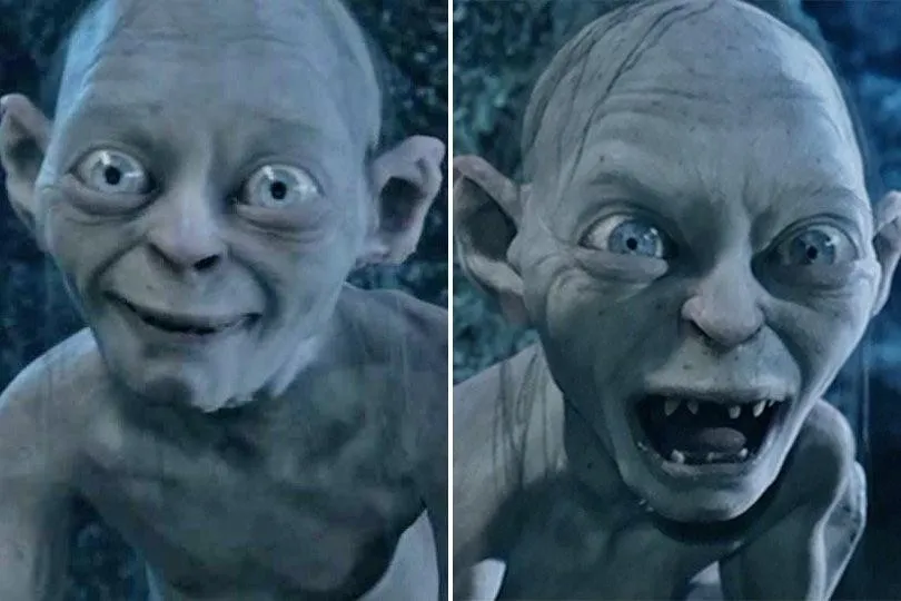 Deux gros plans de Gollum dans les films, l’un souriant, l’autre grimaçant