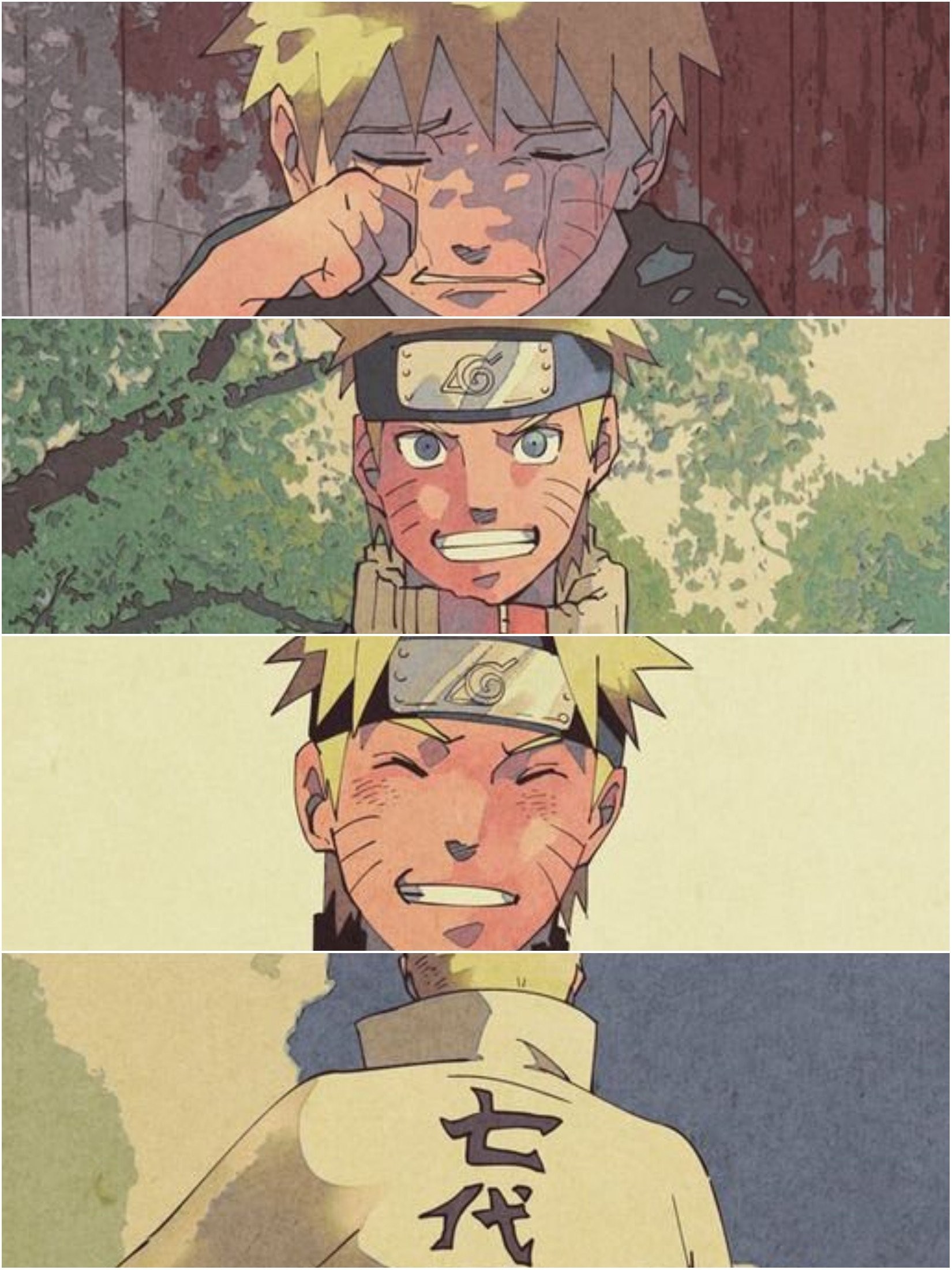 Illustration de Naruto en quatre bandes : enfant en larmes, ninja souriant, puis Septième Hokage vu de dos