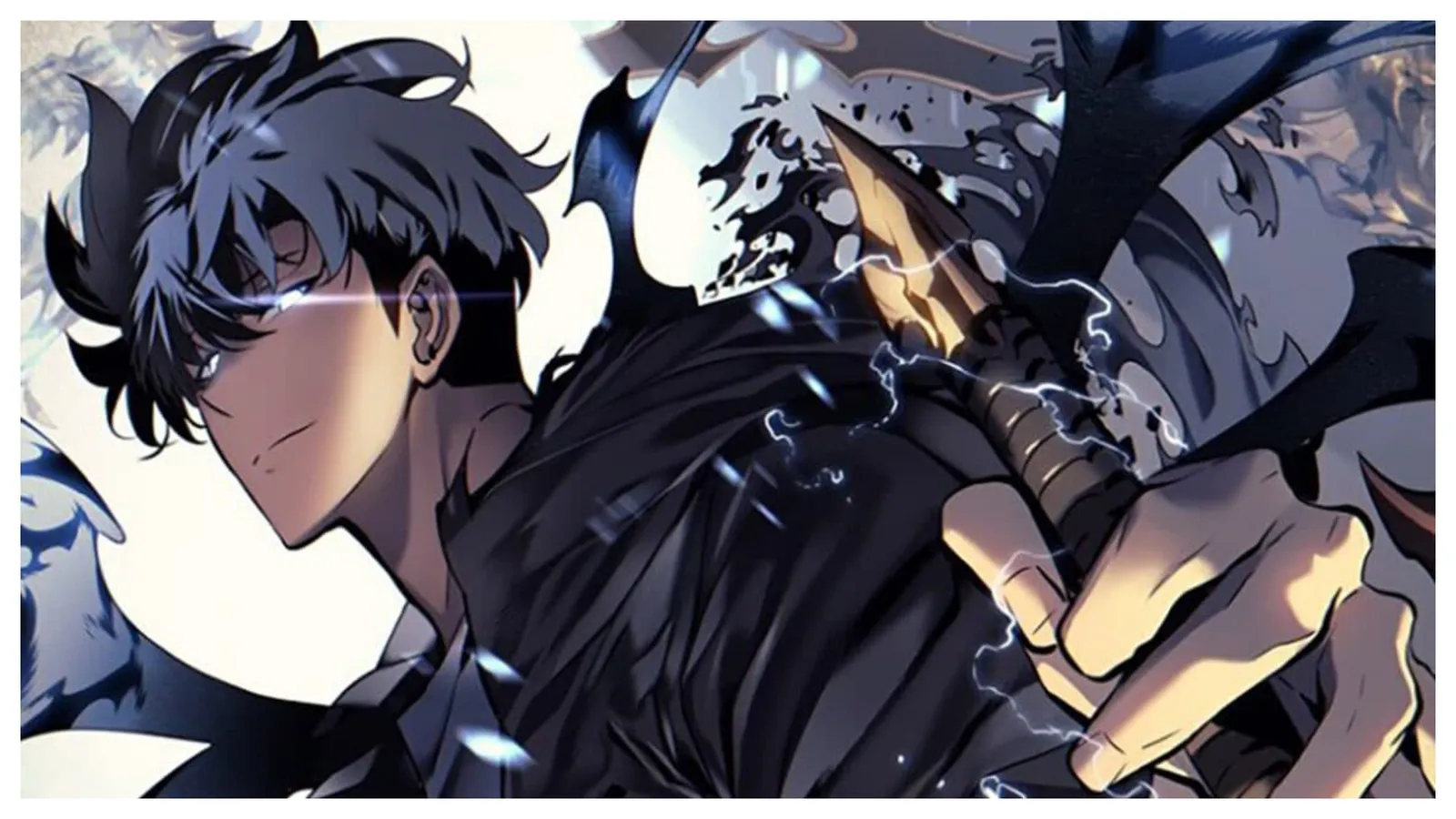 Illustration du manhwa Solo Leveling&nbsp;: Sung Jin-Woo, regard luisant, brandit une dague crépitante