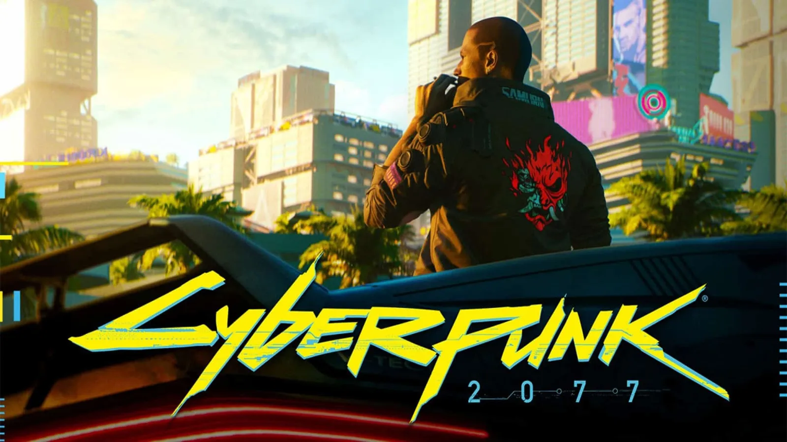 Visuel de Cyberpunk 2077&nbsp;: V, de dos, veste au logo Samurai, devant les tours de Night City
