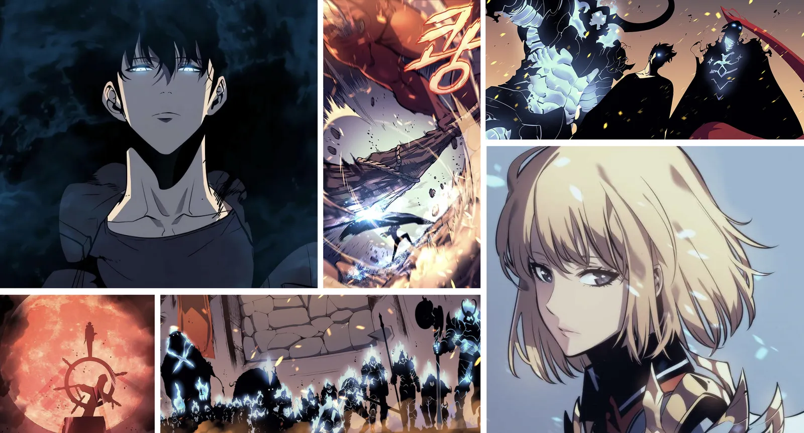 Montage de cases du manhwa Solo Leveling&nbsp;: Sung Jin-Woo, une armée d’ombres et une chasseuse blonde