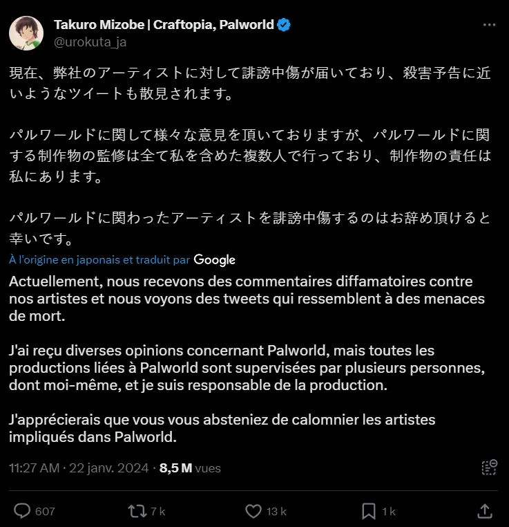 Post X de Takuro Mizobe, PDG de Pocketpair, dénonçant les attaques contre les artistes de Palworld