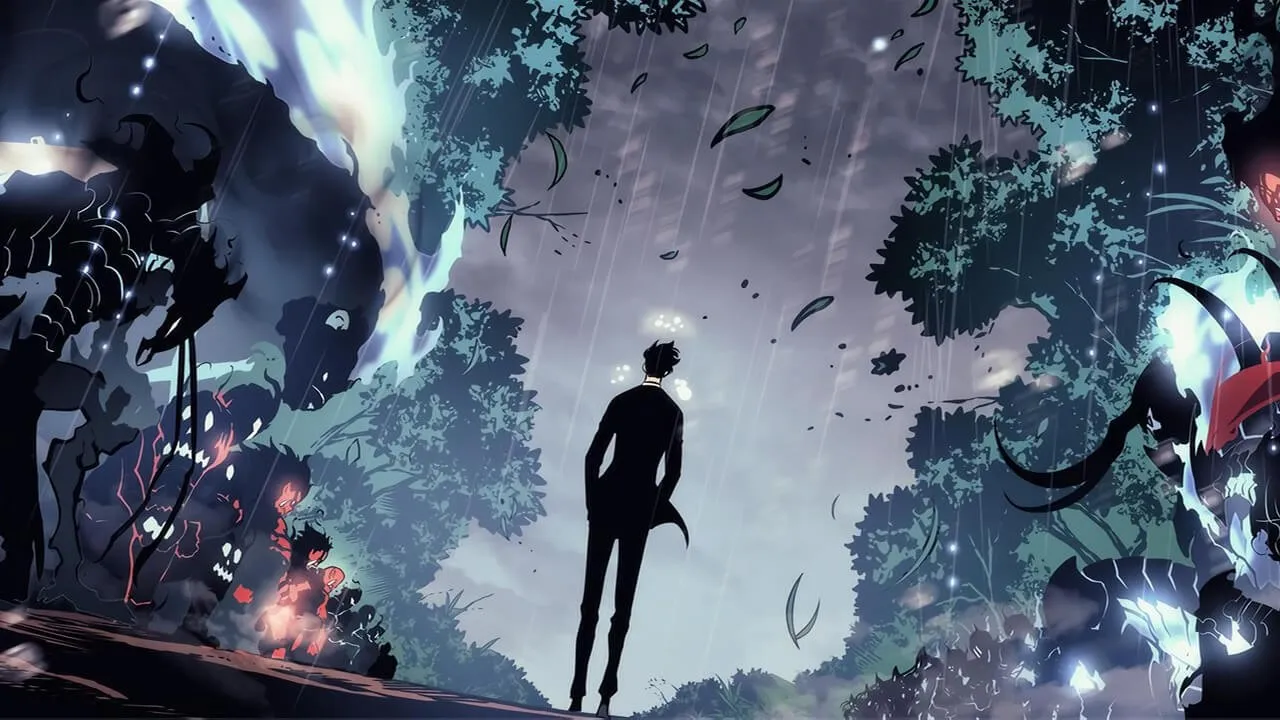 Illustration de Solo Leveling&nbsp;: une silhouette en costume sous la pluie, entourée de créatures d’ombre
