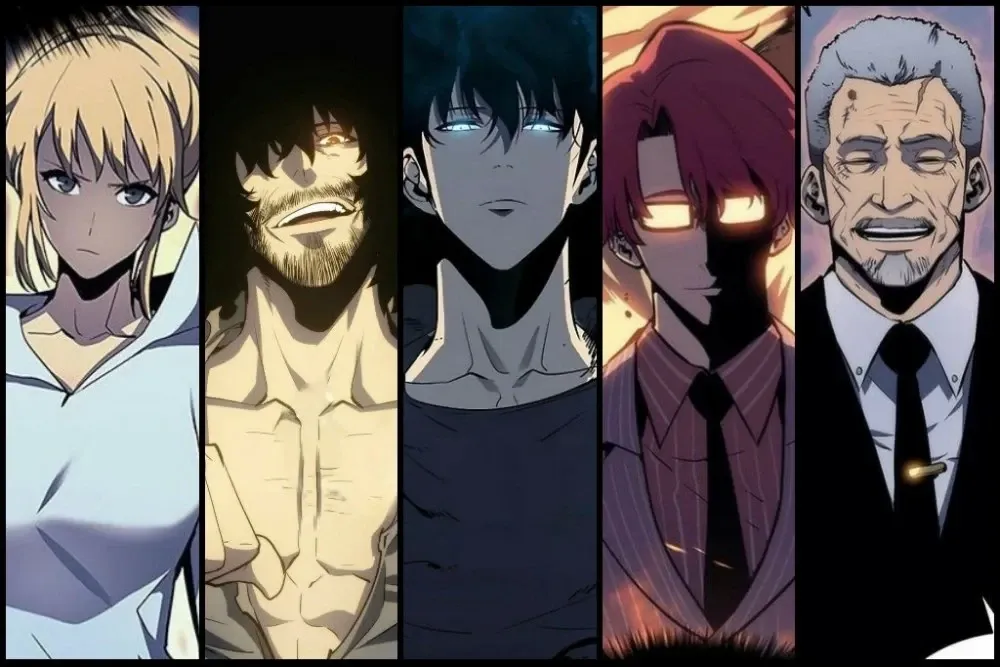 Portraits de cinq personnages du manhwa Solo Leveling, Sung Jin-Woo au centre