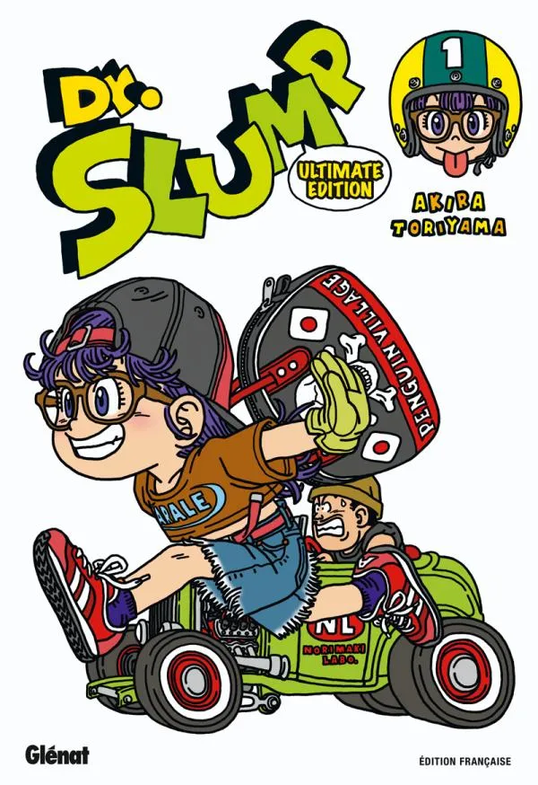 Couverture française du tome 1 de Dr. Slump Ultimate Edition chez Glénat : Aralé court devant une voiture