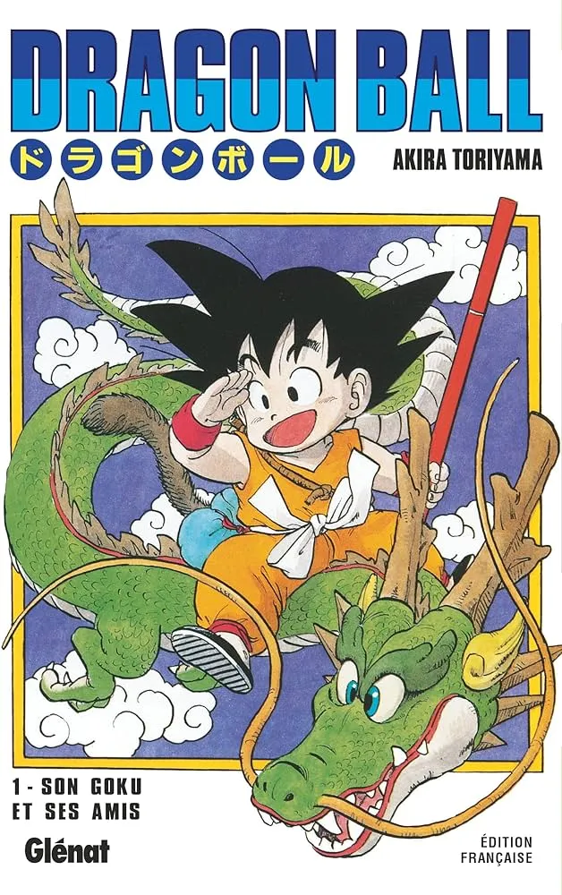 Couverture française du tome 1 de Dragon Ball chez Glénat : Goku enfant sur le dragon Shenron