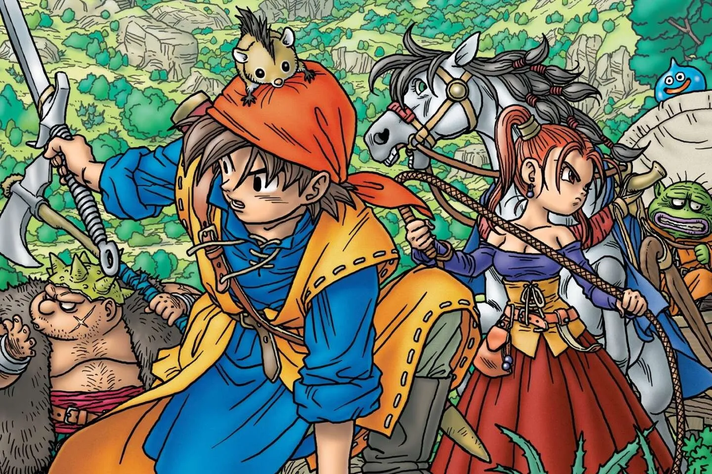 Illustration de Dragon Quest VIII : le héros en bandana orange, Jessica, Yangus et le roi Trode