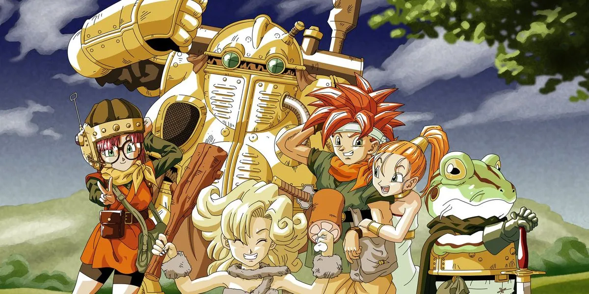 Illustration de Chrono Trigger : Crono, Marle, Lucca, Ayla et Frog devant le robot Robo