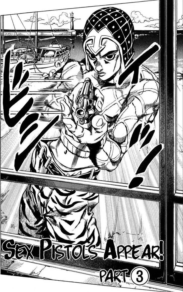 Planche de Golden Wind&nbsp;: Guido Mista pointe son revolver, titre Sex Pistols Appear! Part 3