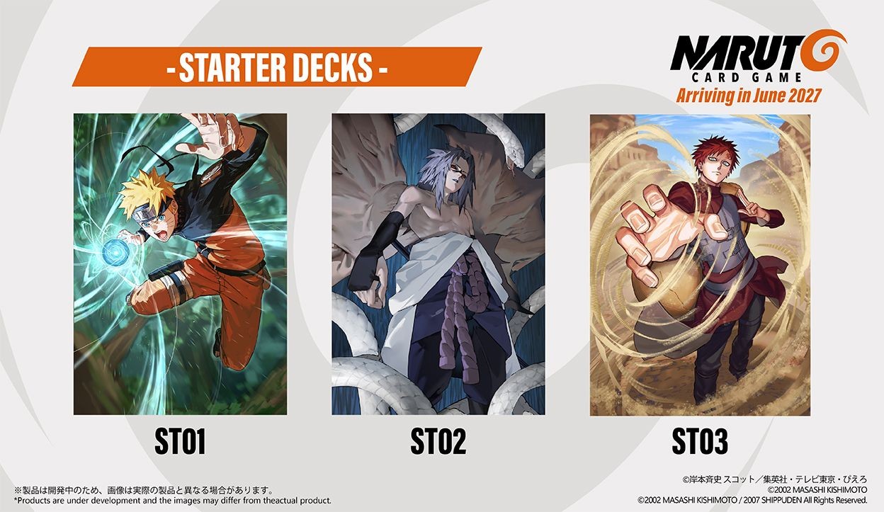 Les trois decks de démarrage du Naruto Card Game consacrés à Naruto, Sasuke et Gaara