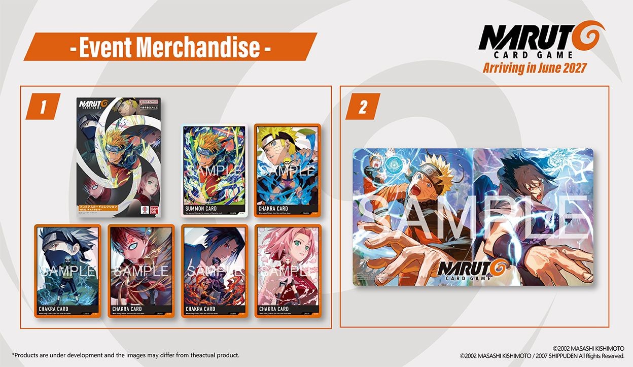 Produits en avant-première du Naruto Card Game : tapis de jeu Naruto vs Sasuke et Premium Card Collection
