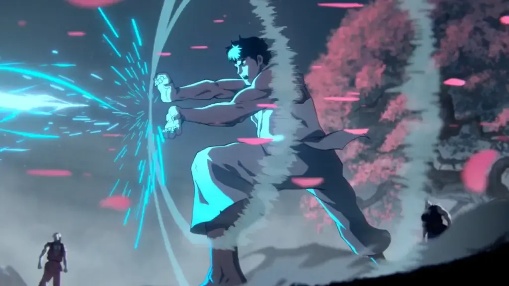 Ryu lance un Hadoken bleu pendant son entraînement, dans une séquence animée en 2D du film Street Fighter