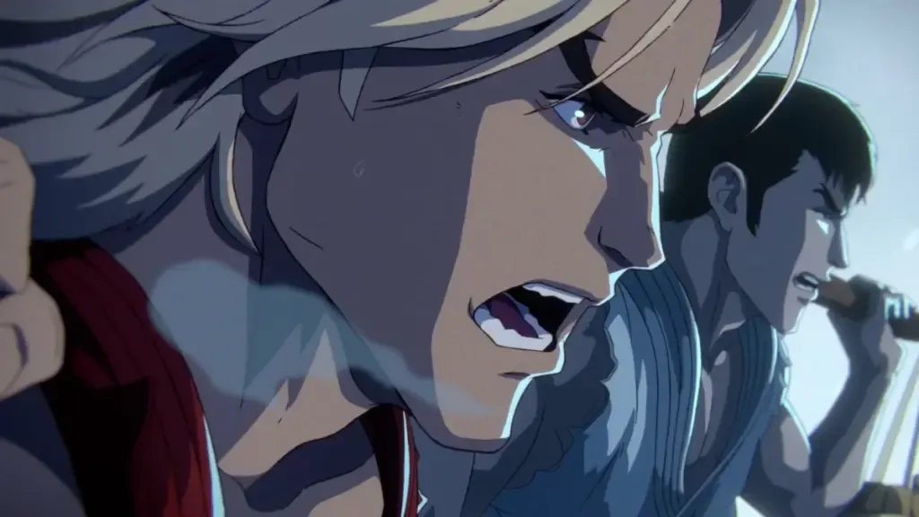 Ken et Ryu s'entraînent ensemble dans une séquence animée en 2D du film Street Fighter