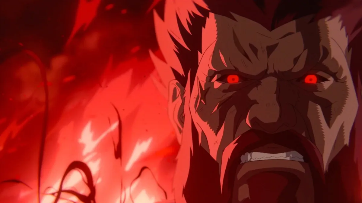 Gros plan sur le visage d'Akuma dans une séquence animée en 2D du film Street Fighter