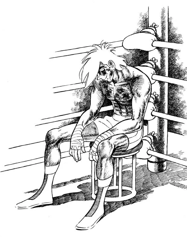 Dessin à l'encre d'un boxeur assis sur un tabouret dans le coin d'un ring, tête baissée, bras ballants, mains bandées, le corps couvert de hachures et les cheveux en bataille.