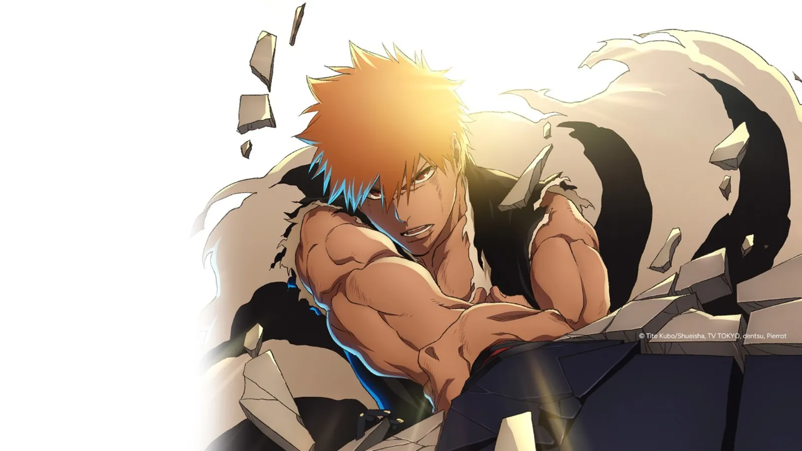 Ichigo Kurosaki, les cheveux orange baignés de lumière, jaillit au milieu de fragments de roche. Il fixe le spectateur d'un regard déterminé et serre la garde de son sabre. Ses vêtements noir et blanc sont déchirés, et l'arrière-plan blanc se fond en dégradé sur la gauche.