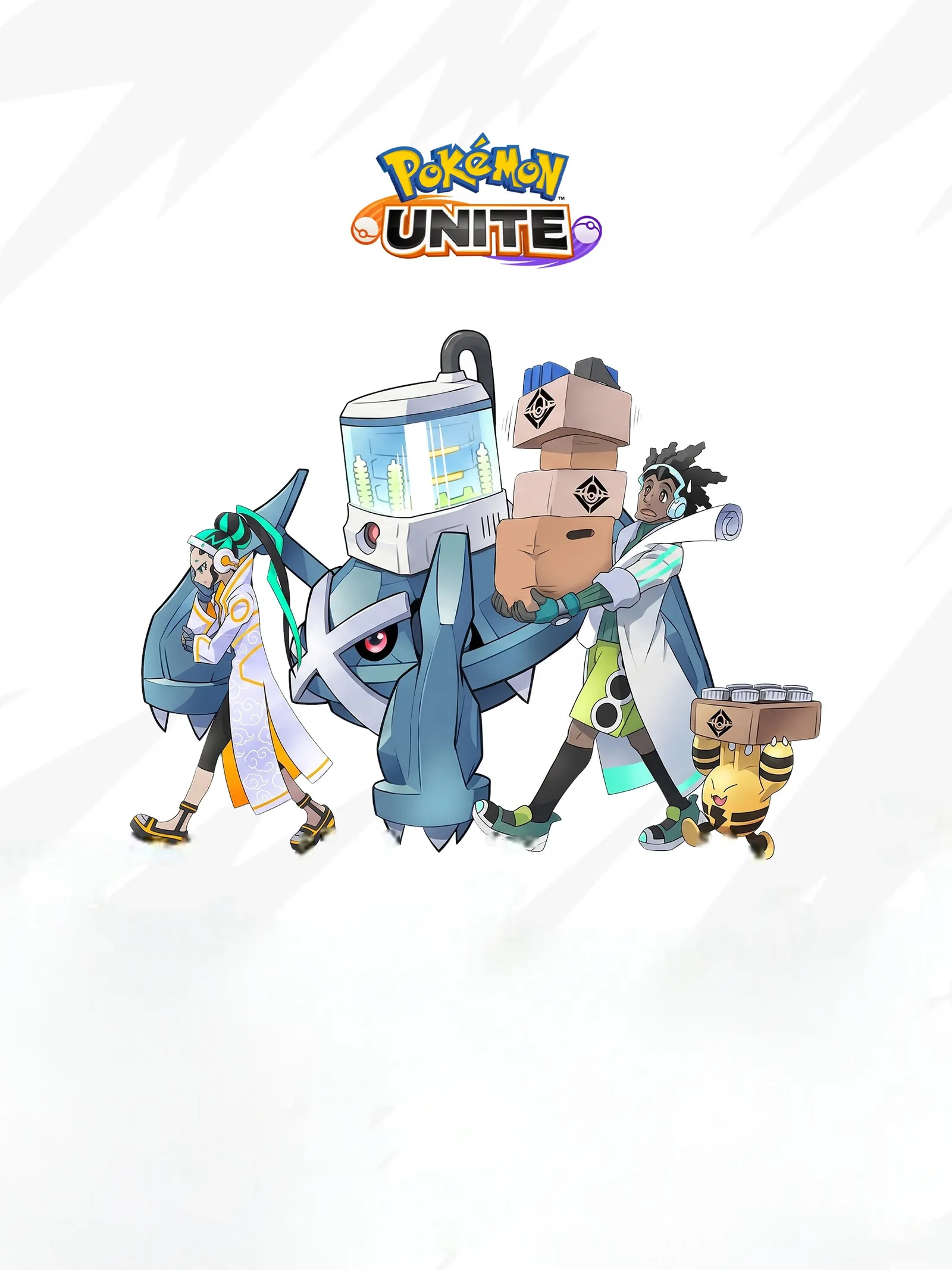 Logo Pokémon UNITE au-dessus d’une illustration officielle sur fond blanc : un Métalosse porte une machine sur son dos, entouré de deux personnages en blouse blanche. À gauche, une jeune femme aux longs cheveux noir et turquoise croise les bras. À droite, un jeune homme inquiet porte une pile de car