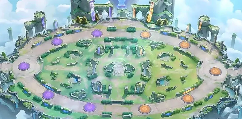 Vue aérienne d’une arène de Pokémon UNITE, les Ruines Célestes de Theia : un terrain circulaire d’herbe et de pierre, parsemé de ruines et de buissons, flotte au-dessus des nuages. Les zones de but violettes de l’équipe de gauche font face aux zones orange de l’équipe de droite.