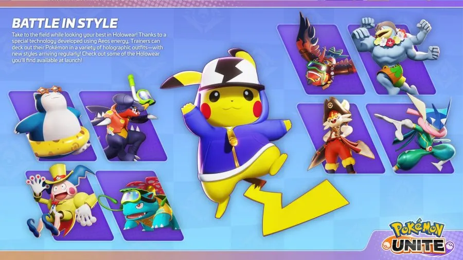 Visuel officiel de Pokémon UNITE présentant les Holo-Tenues disponibles au lancement, sous le titre anglais « Battle in Style ». Au centre, Pikachu en casquette et sweat à capuche bleu. Autour, Ronflex avec une bouée, Carchacrok avec un tuba, M. Mime en magicien, Florizarre avec des lunettes de plon