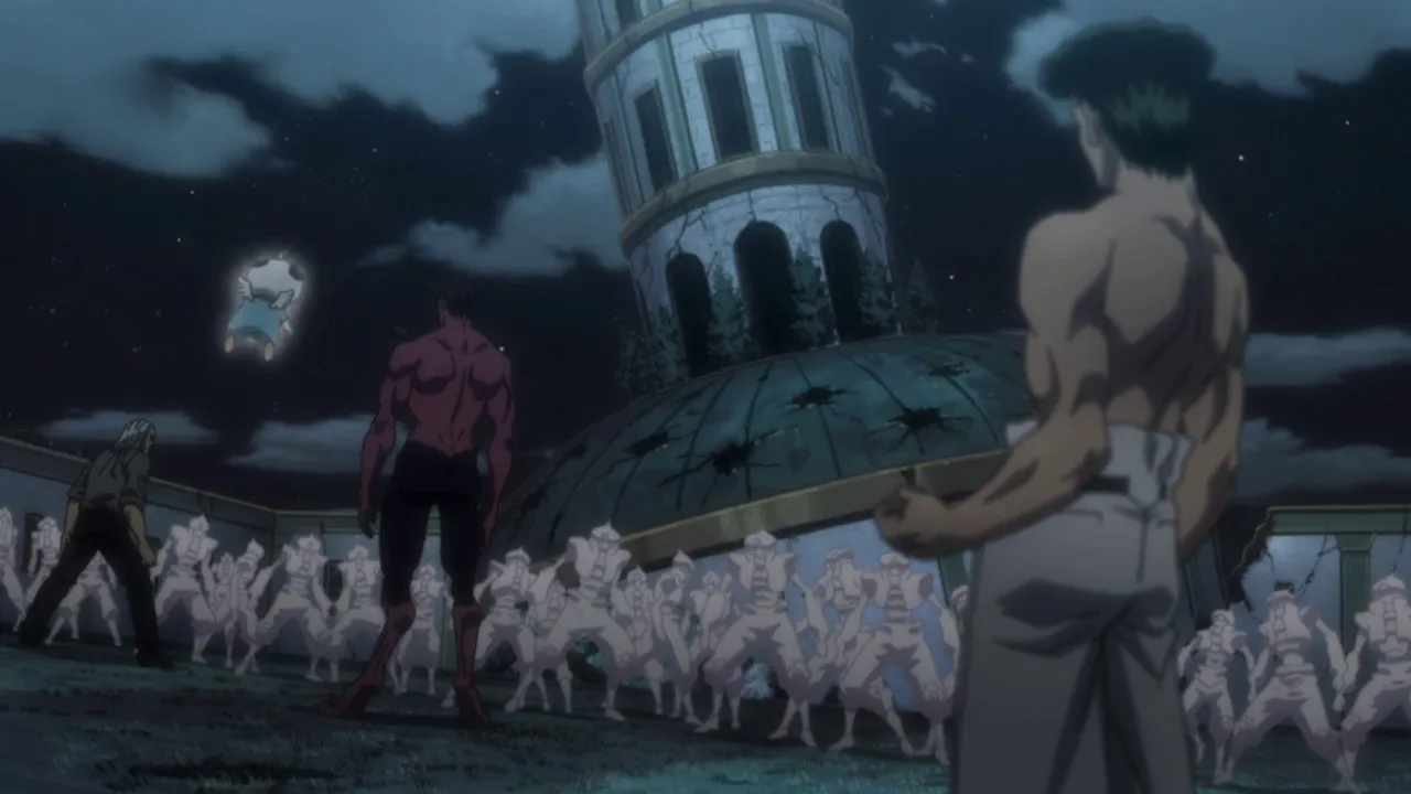 Capture de Hunter x Hunter&nbsp;: Morau et Knuckle face à Youpi devant le palais, entourés de soldats de fumée