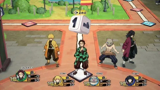 Tanjiro lance un dé géant sur le plateau, entouré de Zenitsu, Inosuke et Giyu