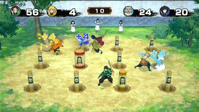 Mini-jeu où Tanjiro, Zenitsu, Inosuke et Giyu frappent des poteaux pour marquer des points