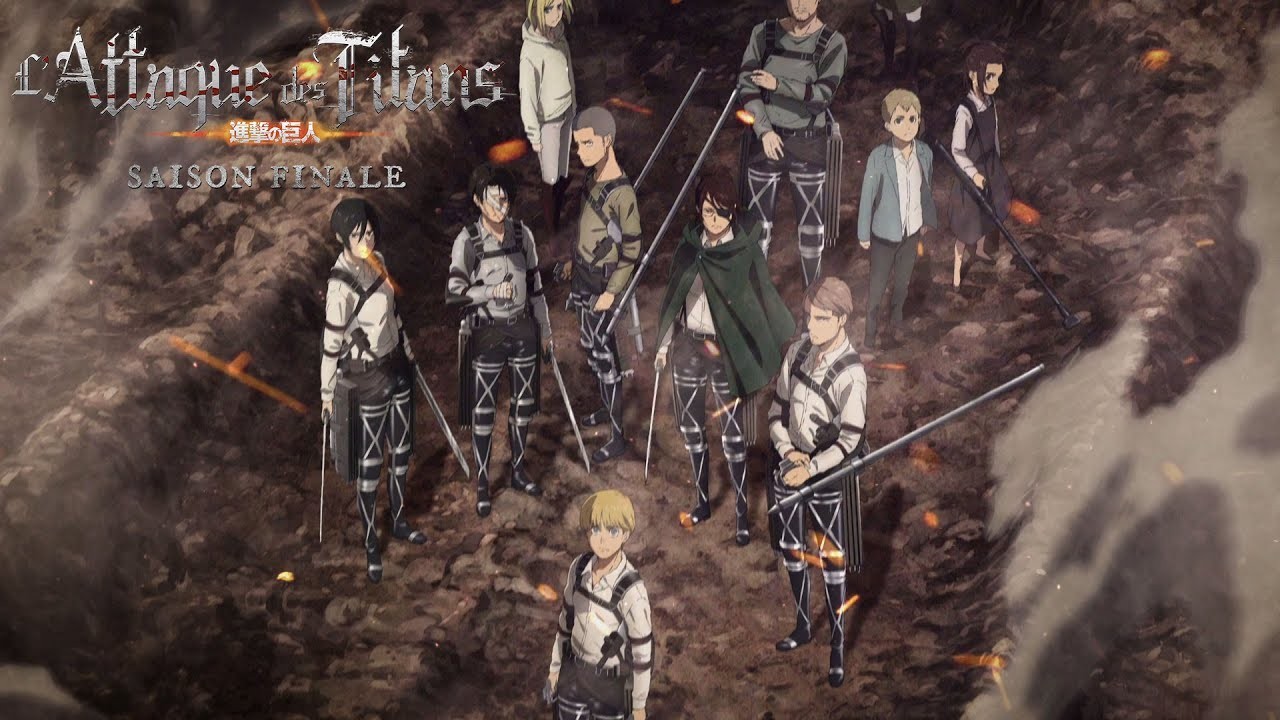 Visuel de la saison finale de L’Attaque des Titans : Mikasa, Armin, Livaï, Hansi et leurs camarades sur un sol fumant