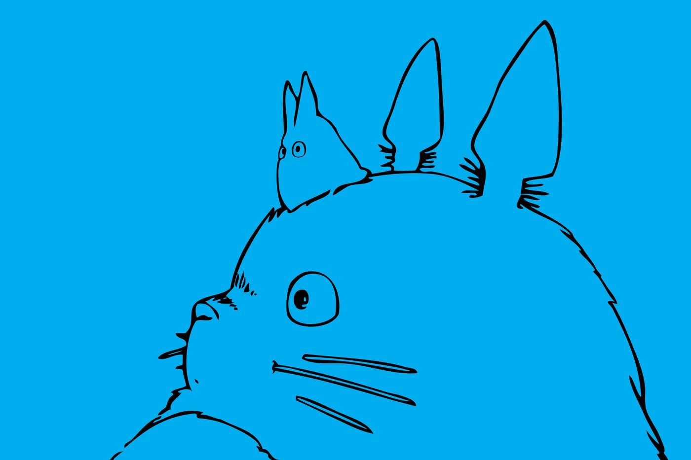 Dessin au trait de Totoro et du petit Totoro sur fond bleu