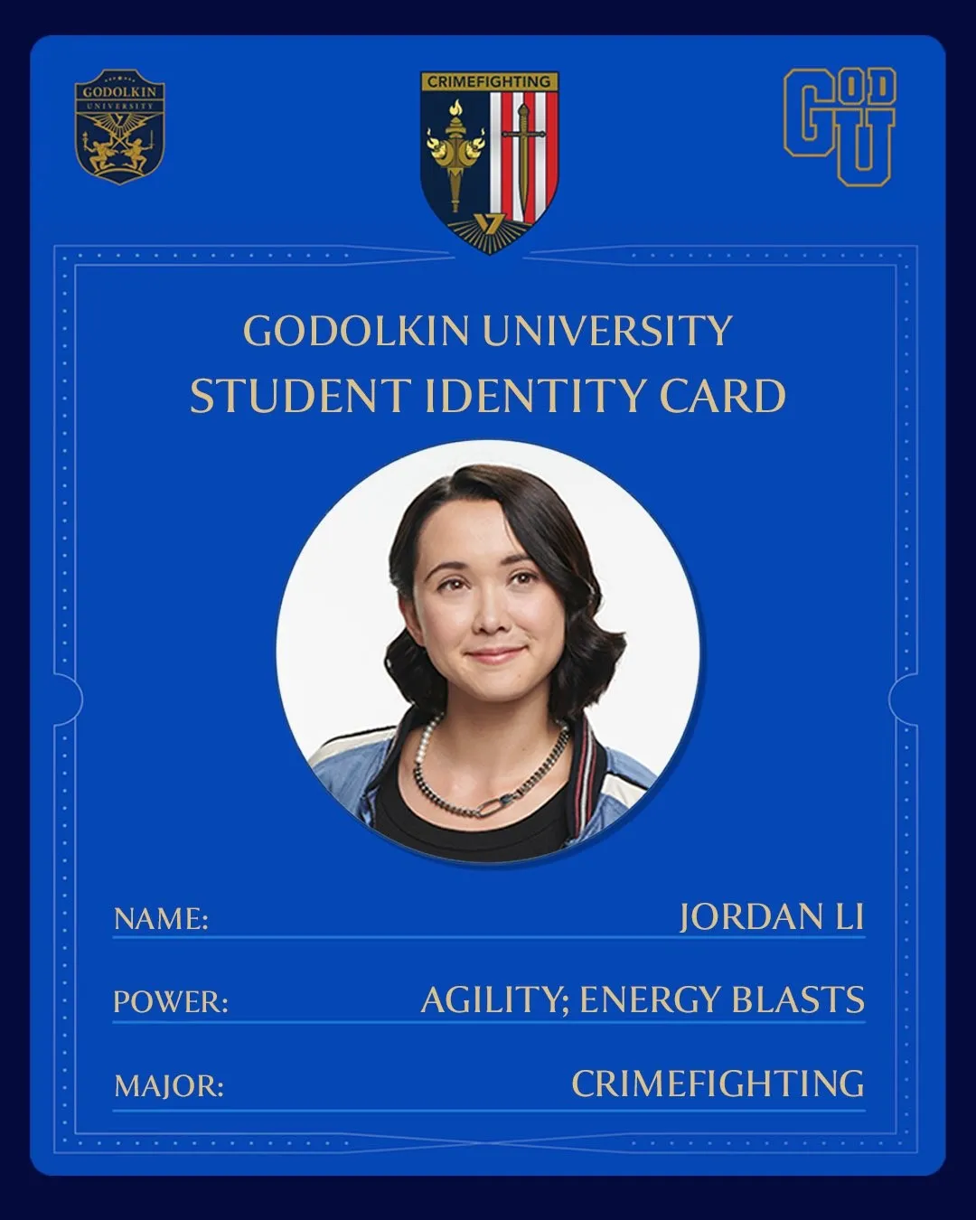 Carte d’étudiante de Godolkin de Jordan Li, version féminine aux décharges d’énergie