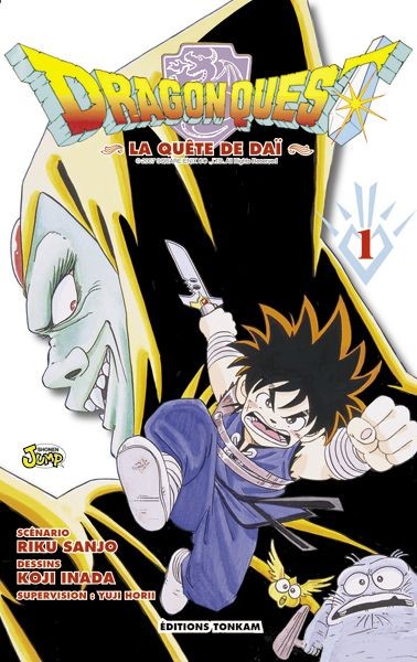 Couverture du tome 1 de Dragon Quest La Quête de Daï chez Tonkam&nbsp;: Dai, couteau levé, devant un démon
