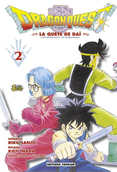 Couverture du tome 2 de Dragon Quest La Quête de Daï chez Tonkam&nbsp;: Dai, épée tendue, et deux alliés