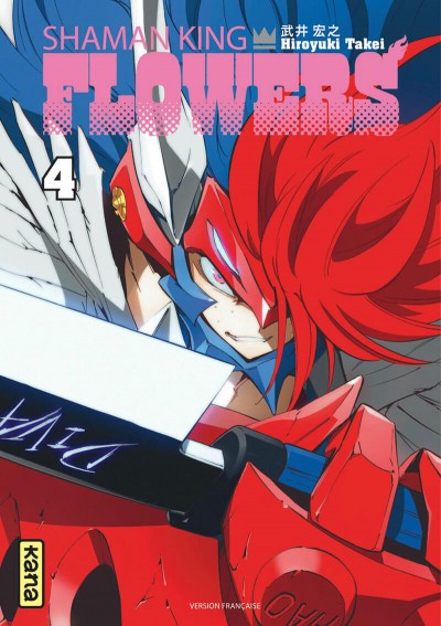 Couverture du tome 4 de Shaman King Flowers chez Kana&nbsp;: un guerrier au casque rouge brandit une lame