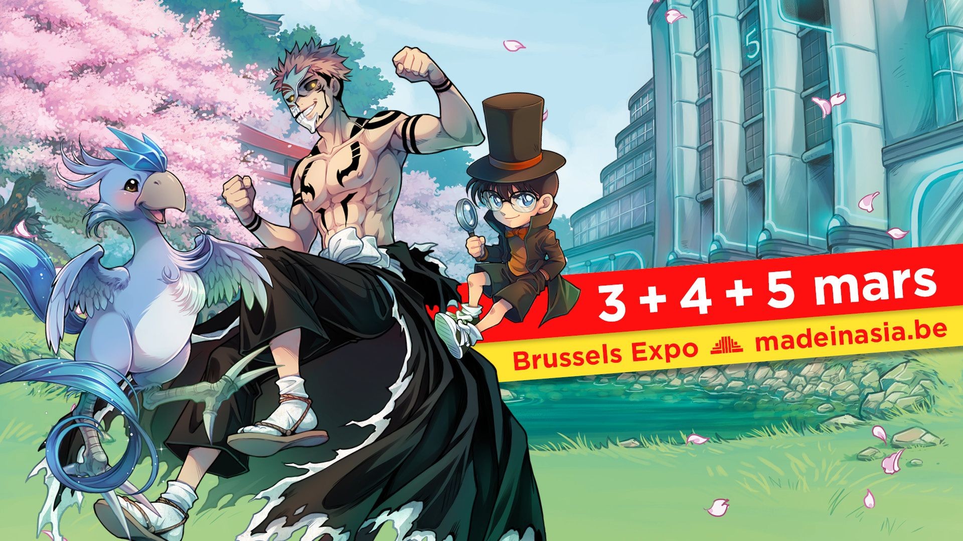 Affiche de la Made in Asia des 3, 4 et 5 mars à Brussels Expo, avec Sukuna et Conan Edogawa
