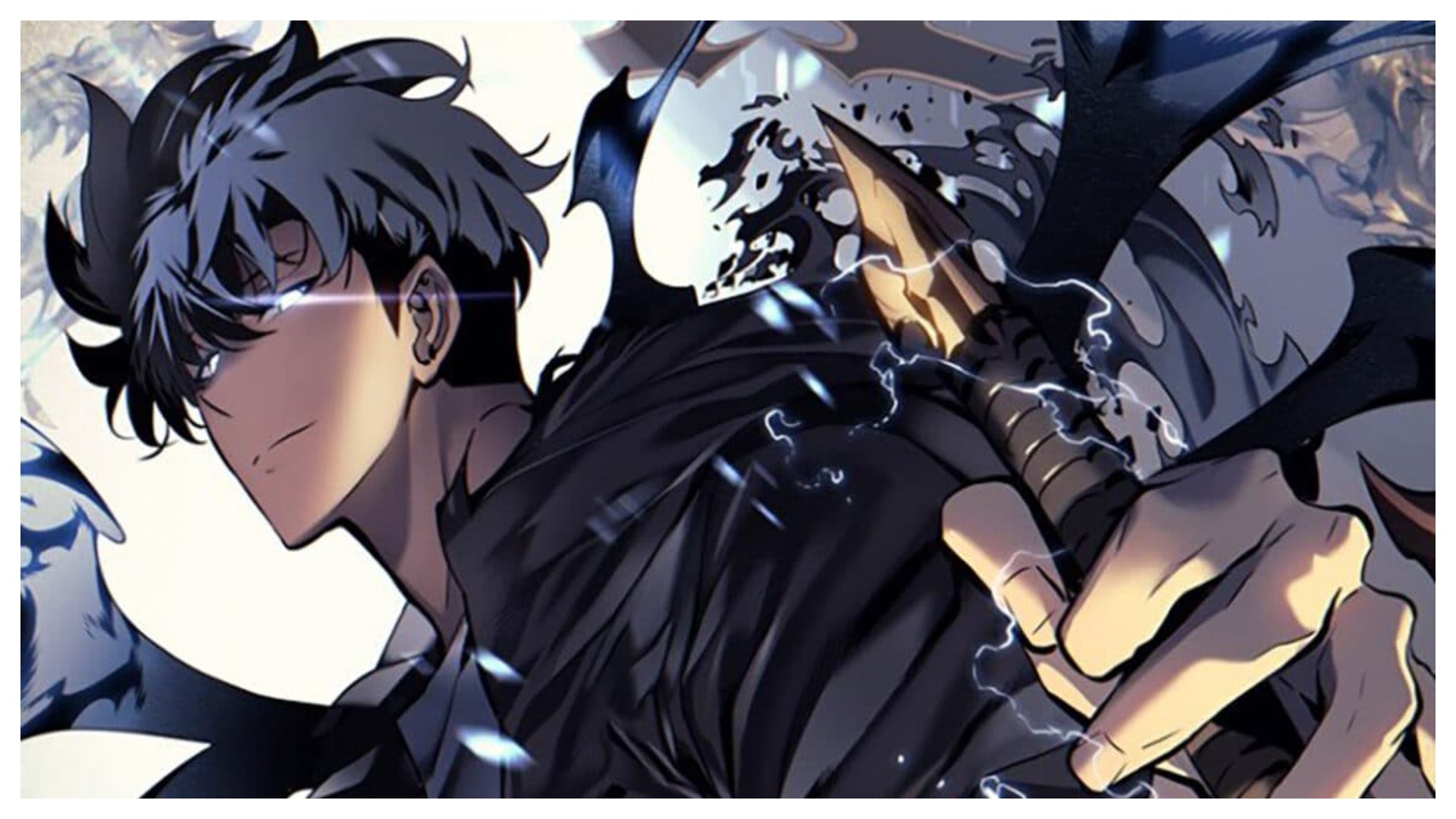 Illustration du manhwa Solo Leveling&nbsp;: Sung Jin-Woo, regard luisant, brandit une dague crépitante
