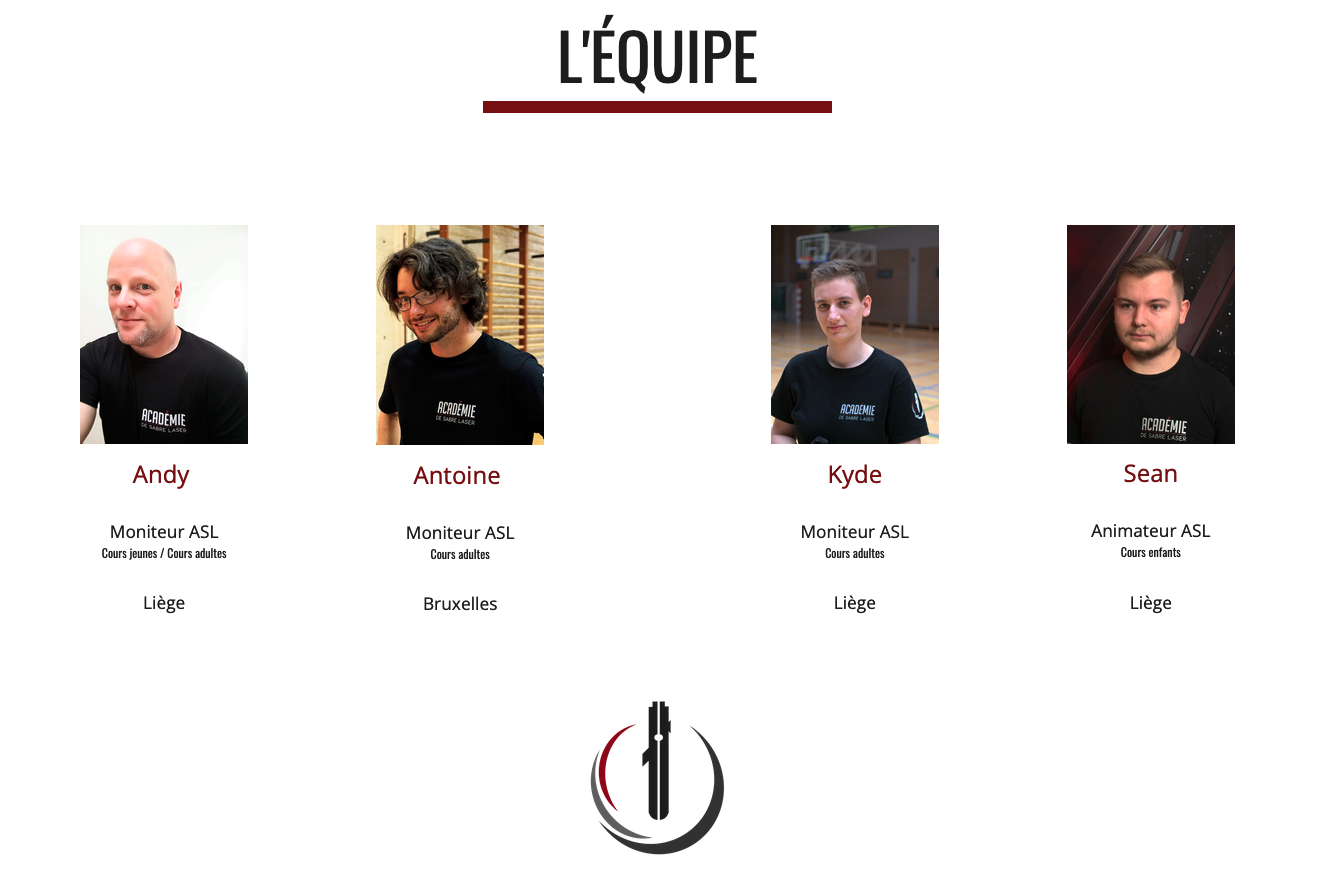 Présentation de l’équipe de l’Académie de Sabre Laser&nbsp;: les moniteurs Andy, Antoine et Kyde, et l’animateur Sean