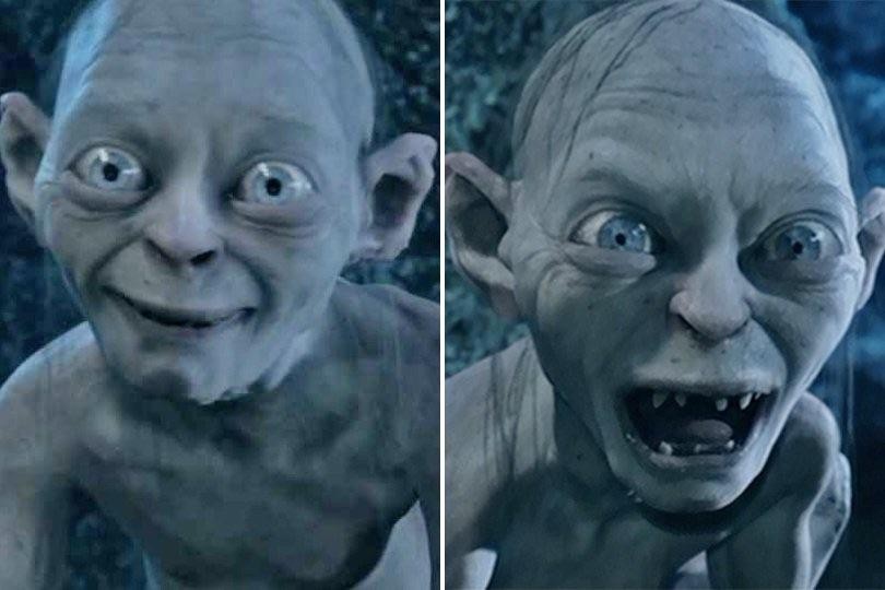 Deux gros plans de Gollum dans les films, l’un souriant, l’autre grimaçant