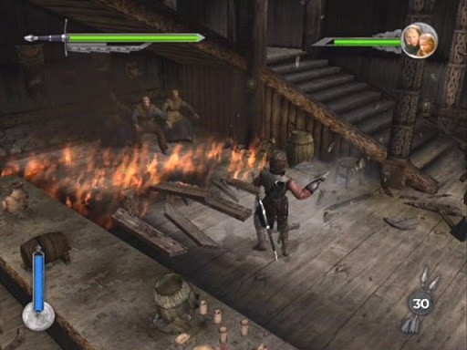 Un guerrier combat dans un bâtiment en bois dont le plancher est en feu
